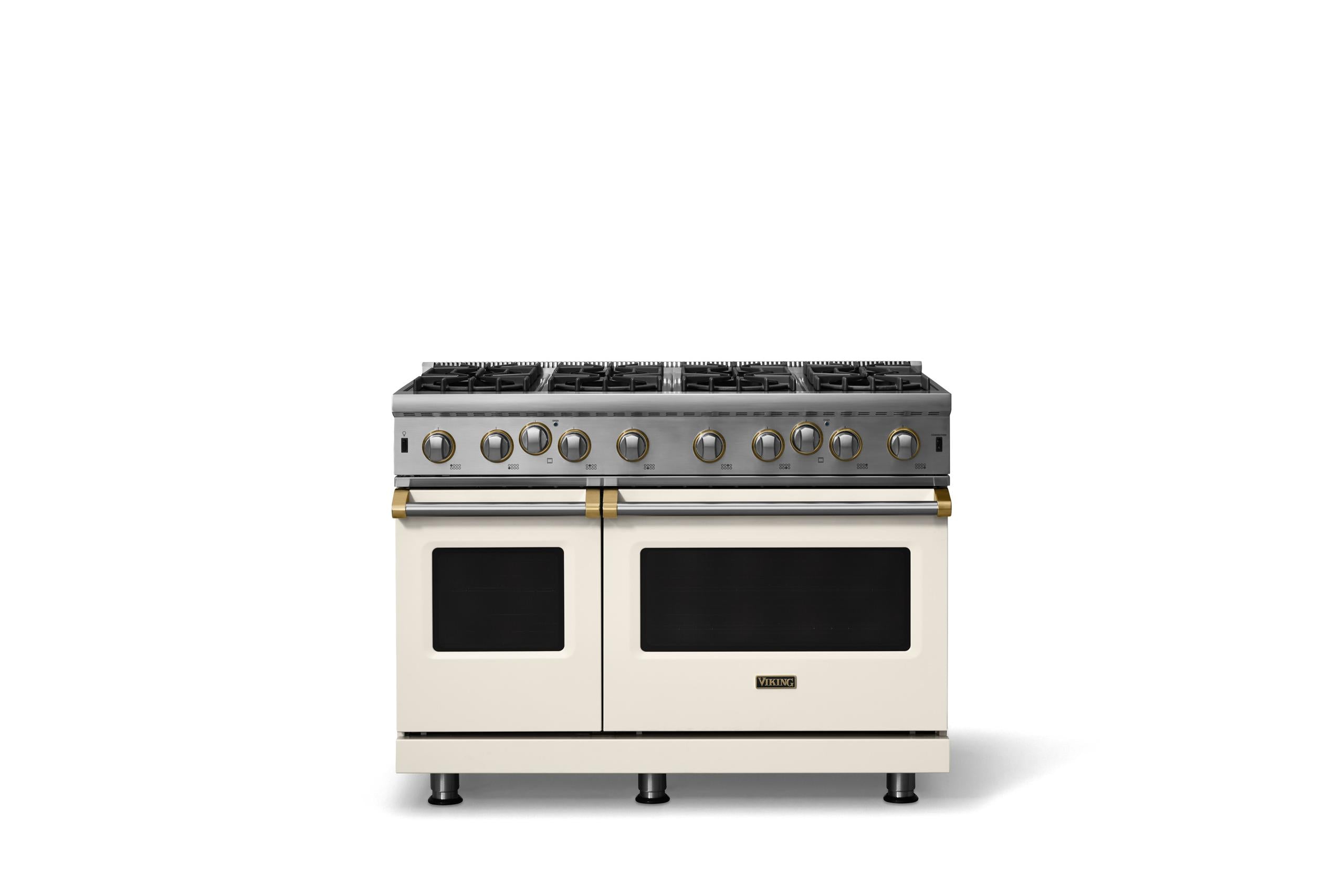 48"W. Open Burner Gas Range (Finish: Pure White, Trim: Brushed Brass, Fuel: Propane)