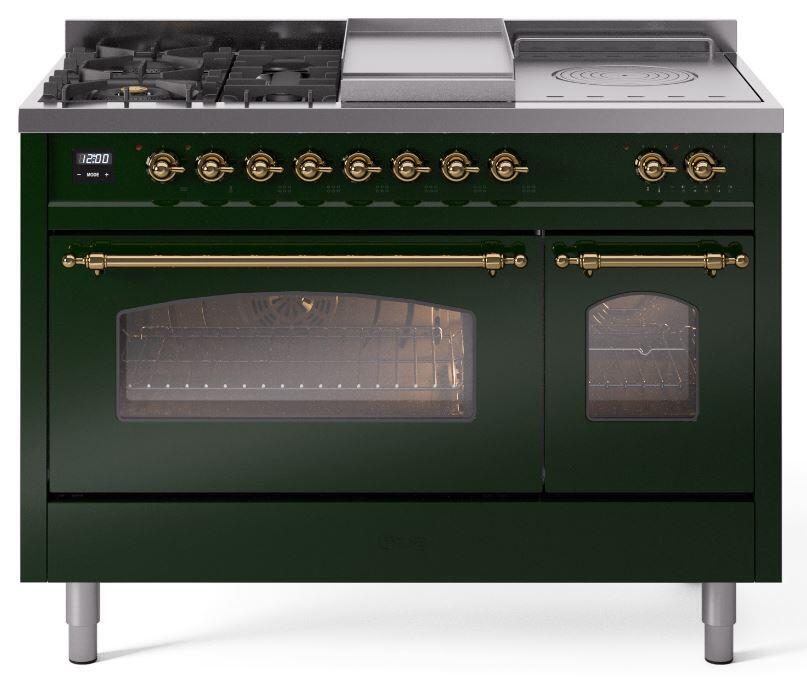 Nostalgie II 48 Inch Dual Fuel Natural Gas Freestanding Range in Emerald Green with Brass Trim