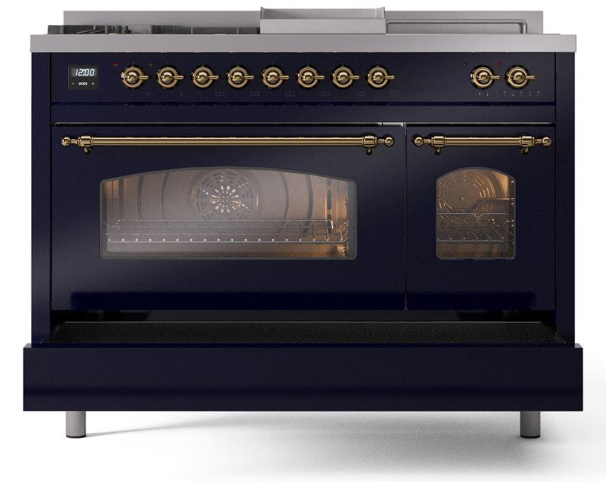 Nostalgie II 48 Inch Dual Fuel Natural Gas Freestanding Range in Blue with Brass Trim