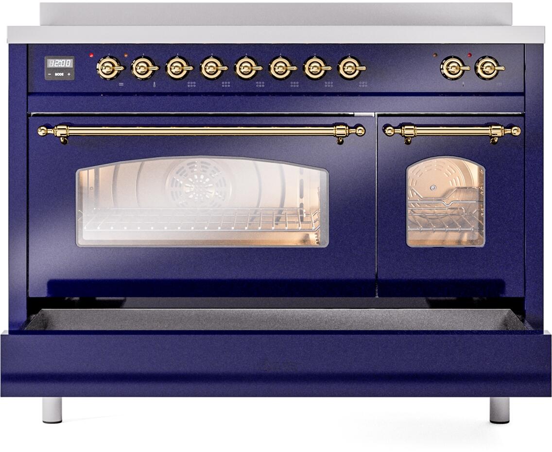 Nostalgie II 48 Inch Electric Freestanding Range in Blue with Brass Trim