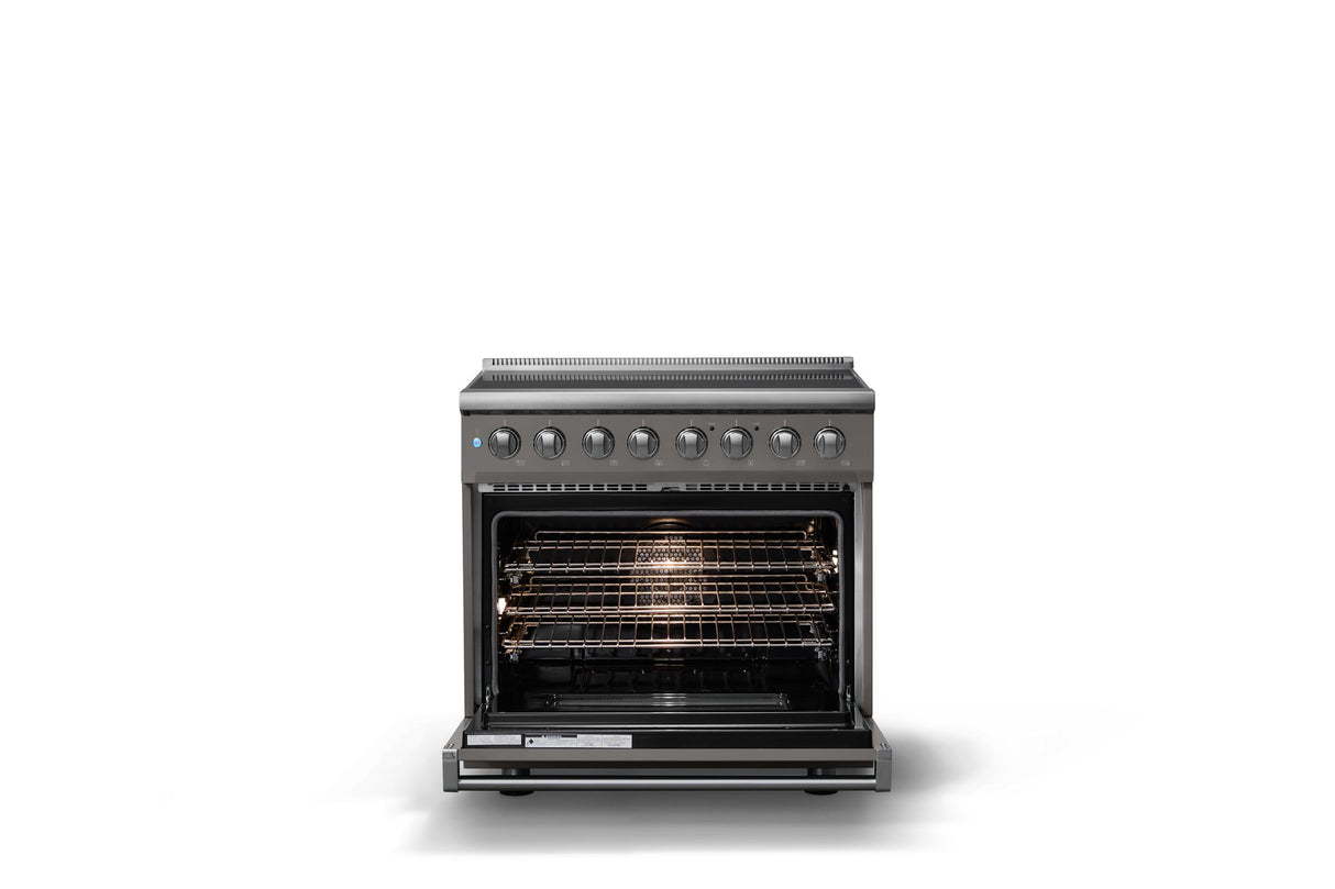 36"W. Induction Range (Finish: Damascus Gray, Trim: Polished Chrome)