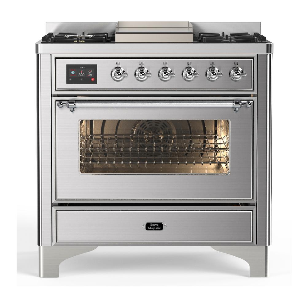 ILVE UM36FNR3SSCLP Majestic III 36 inch Dual Fuel Range with 6 Black Brass Burners and Griddle, Dual Function Burner up to 25,000 BTU (Triple Glass Door, Stainless Steel, Chrome, Liquid Propane)