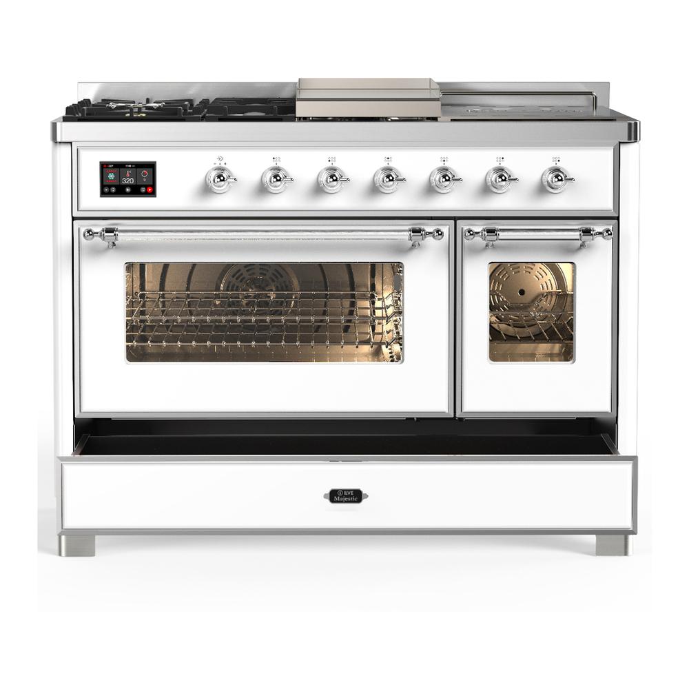 ILVE UM48FSNR3WHCLP Majestic III 48 inch Dual Fuel Range with 5 Black Brass Burners, Griddle and French Top, Dual Function Burner up to 25,000 BTU (Liquid Propane, Triple Glass Door, White, Chrome)