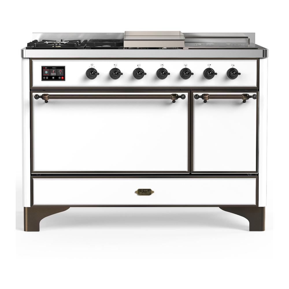 ILVE UM48FSQNR3WHB Majestic III 48 inch Dual Fuel Range with 5 Black Brass Burners, Griddle and French Top, Dual Function Burner up to 25,000 BTU (Natural Gas, Solid Door, White, Burnished)
