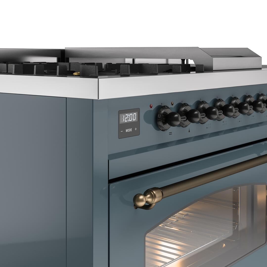 Nostalgie II 48 Inch Dual Fuel Natural Gas Freestanding Range in Blue Grey with Bronze Trim