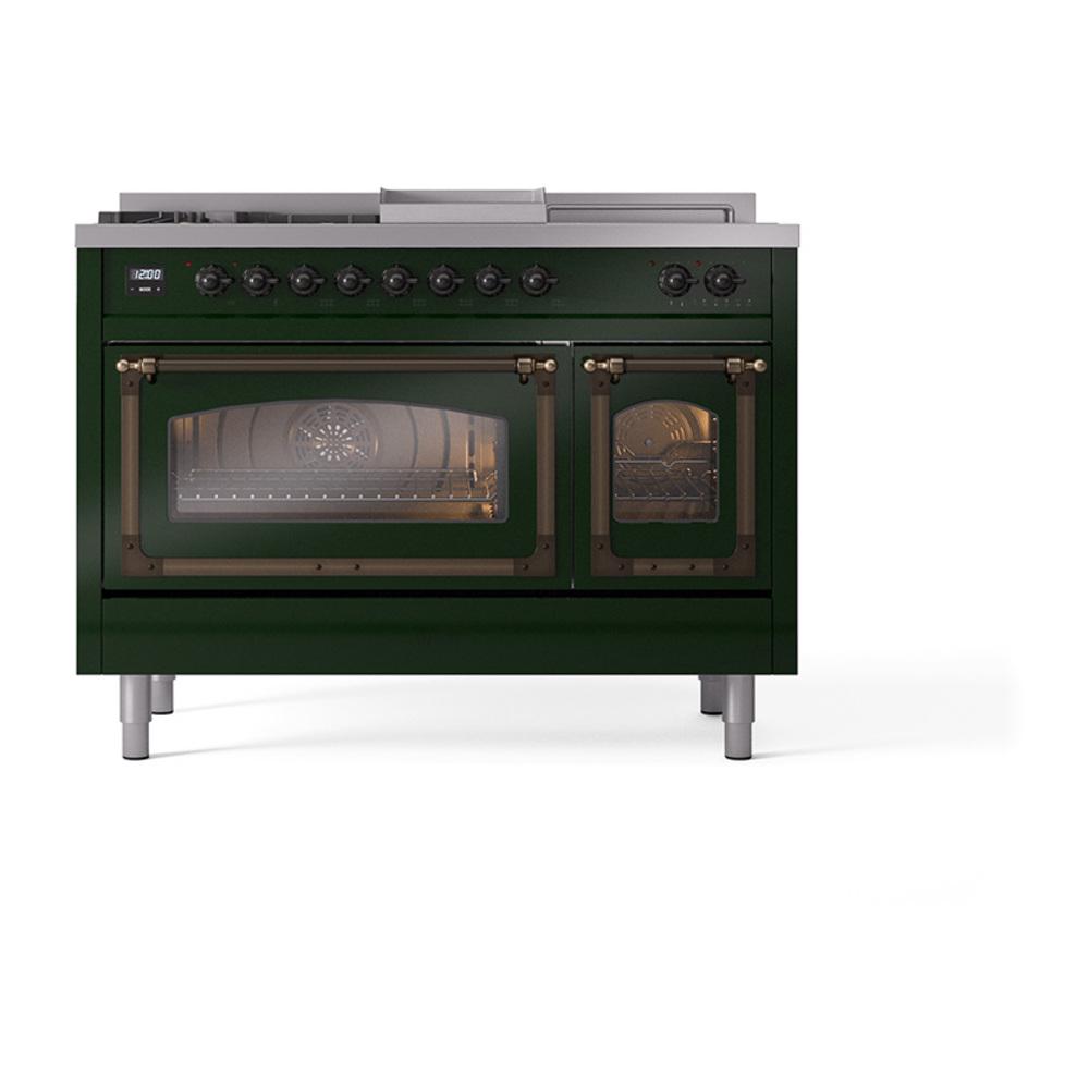 ILVE UN48FSNMPEGB Nostalgie II Noblesse 48 inch Dual Fuel Range (5 Sealed Burners + Griddle + French Top, Natural Gas, Triple Glass Door, Emerald Green, Burnished)
