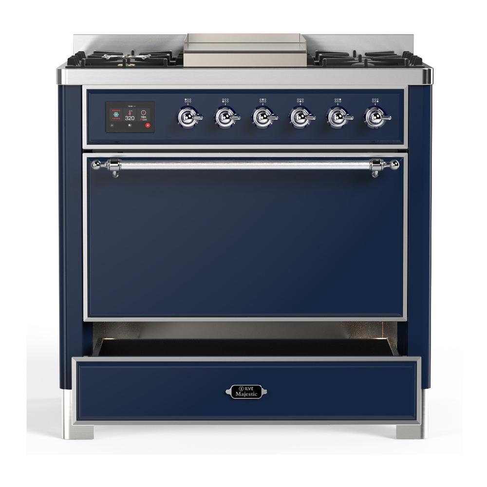 ILVE UM36FQNR3MBC Majestic III 36 inch Dual Fuel Range with 6 Black Brass Burners and Griddle, Dual Function Burner up to 25,000 BTU (Solid Door, Midnight Blue, Chrome, Natural Gas)