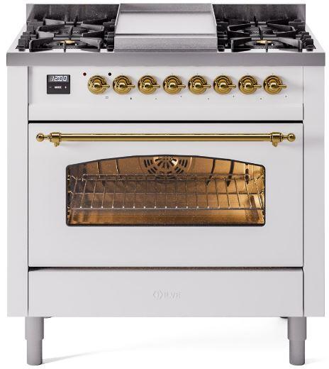 Nostalgie II 36 Inch Dual Fuel Natural Gas Freestanding Range in White with Brass Trim