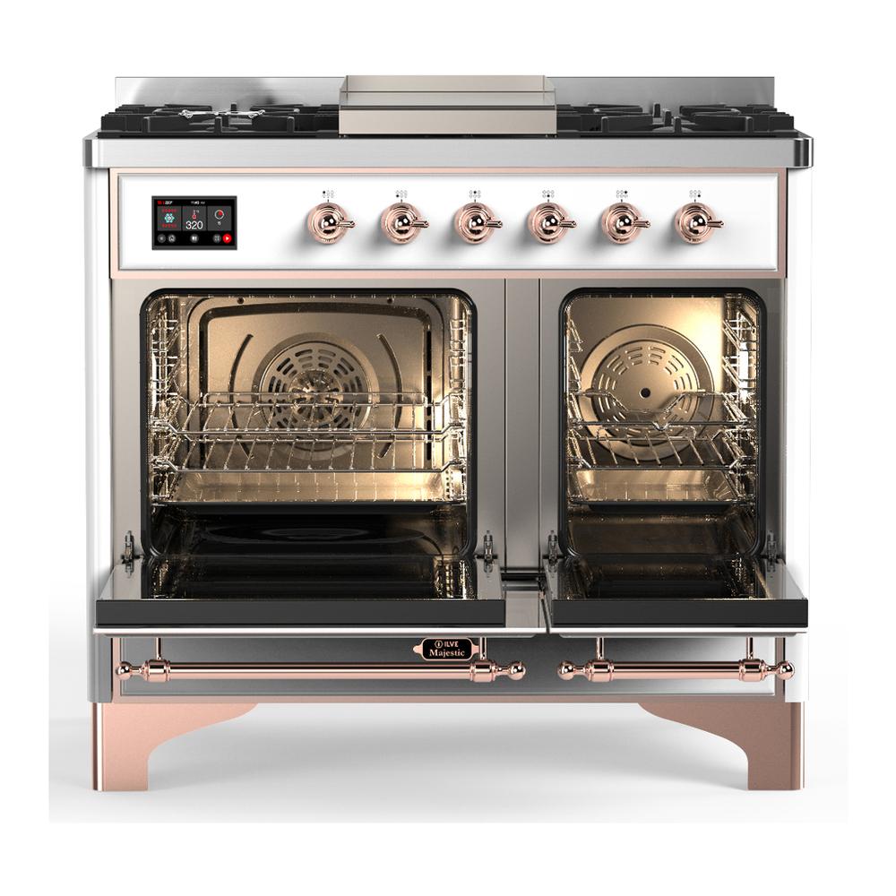 ILVE UMD40FQNR3WHP Majestic III 40 inch Dual Fuel Range with 6 Burners and Griddle, Dual Function Burner up to 25,000 BTU (Natural Gas, Solid Door, White, Copper)