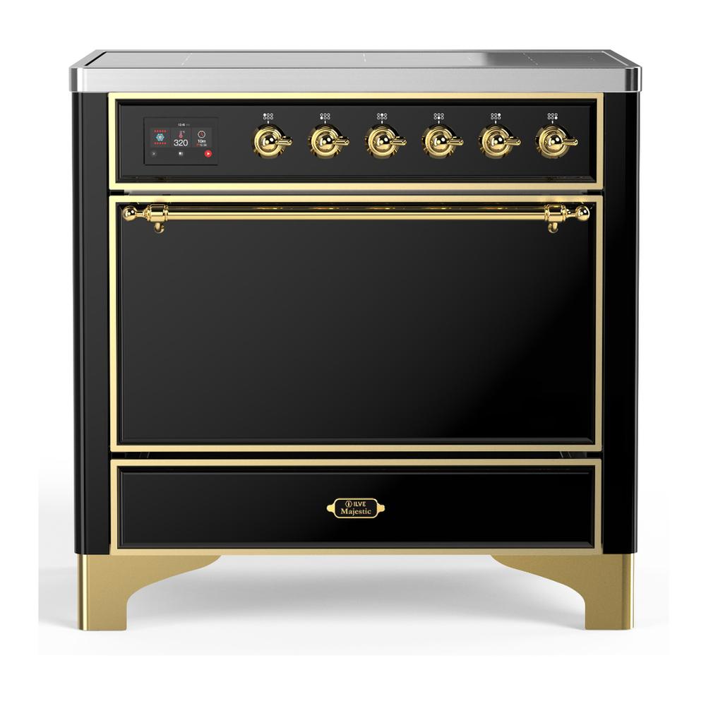 ILVE UMIB36QNR3BKG Majestic III 36 inch Induction Range with 6 Elements, 3.5 cu. ft. Total Oven Capacity (Solid Door, Glossy Black, Brass)