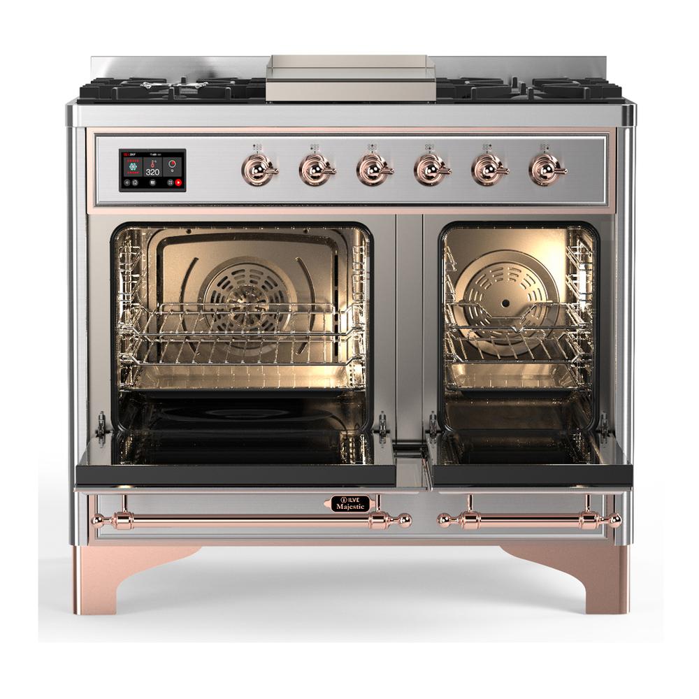 ILVE UMD40FQNR3SSPLP Majestic III 40 inch Dual Fuel Range with 6 Burners and Griddle, Dual Function Burner up to 25,000 BTU (Liquid Propane, Solid Door, Stainless Steel, Copper)