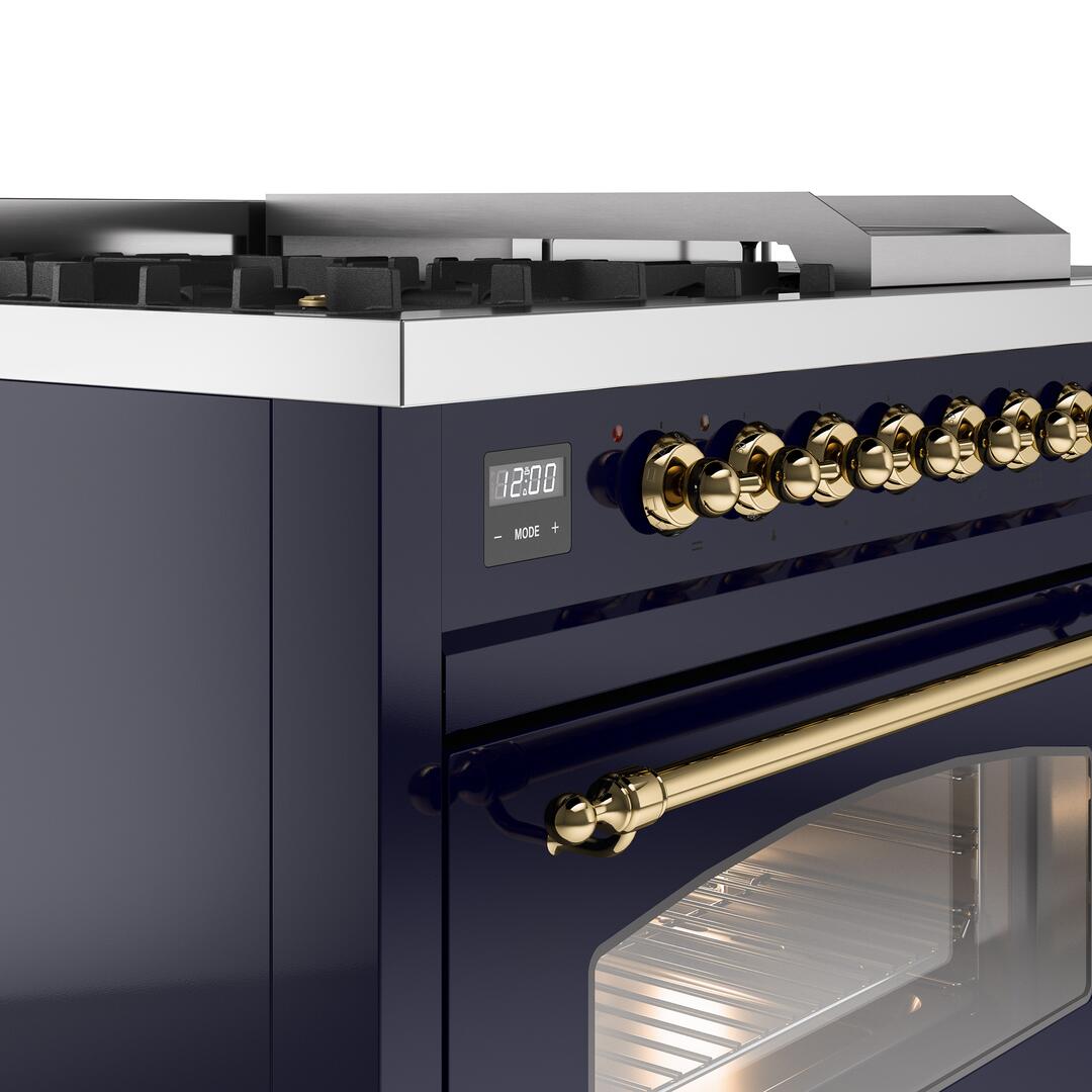 Nostalgie II 48 Inch Dual Fuel Natural Gas Freestanding Range in Blue with Brass Trim