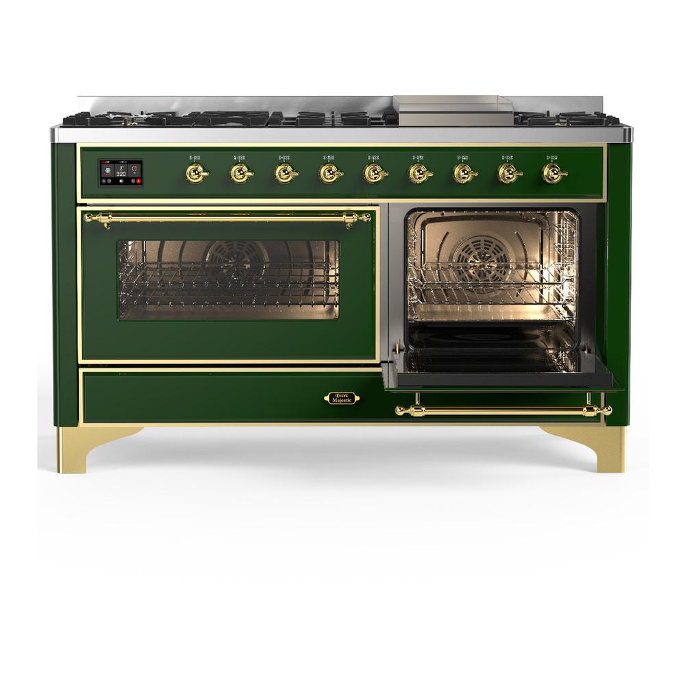 ILVE UM60FNR3EGG Majestic III 60 inch Dual Fuel Range with 9 Burners and Griddle, Dual Function Burner up to 25,000 BTU (Natural Gas, Triple Glass Door, Emerald Green, Brass)