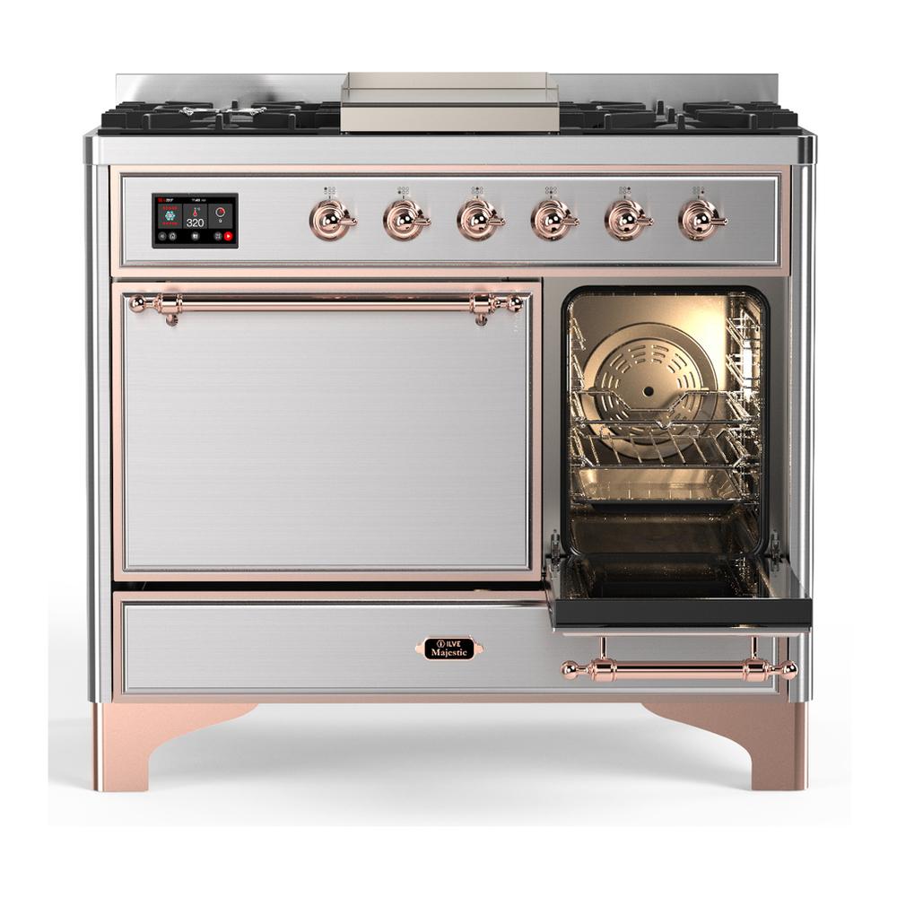 ILVE UMD40FQNR3SSP Majestic III 40 inch Dual Fuel Range with 6 Burners and Griddle, Dual Function Burner up to 25,000 BTU (Natural Gas, Solid Door, Stainless Steel, Copper)