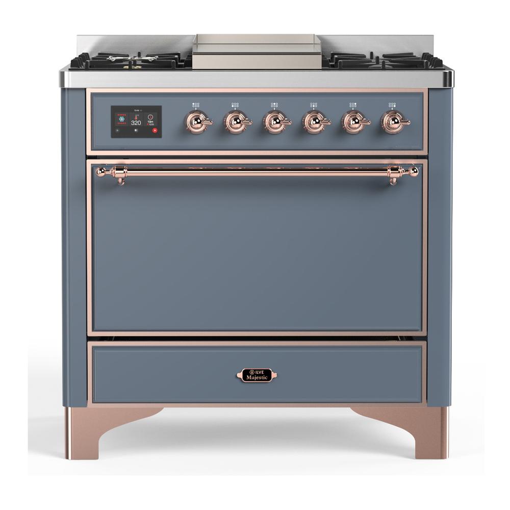 ILVE UM36FQNR3BGP Majestic III 36 inch Dual Fuel Range with 6 Black Brass Burners and Griddle, Dual Function Burner up to 25,000 BTU (Solid Door, Blue Grey, Copper, Natural Gas)