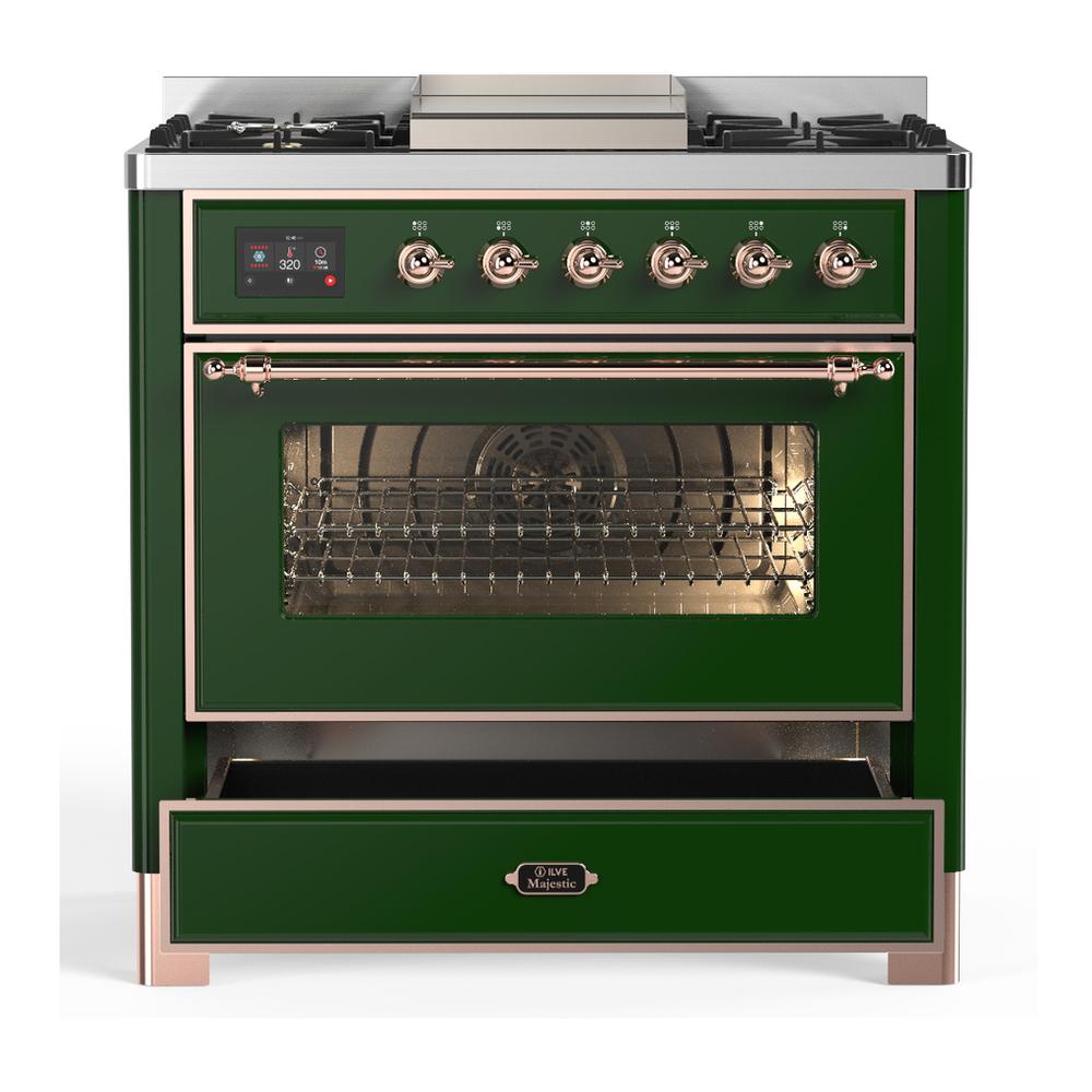 ILVE UM36FNR3EGP Majestic III 36 inch Dual Fuel Range with 6 Black Brass Burners and Griddle, Dual Function Burner up to 25,000 BTU (Triple Glass Door, Emerald Green, Copper, Natural Gas)