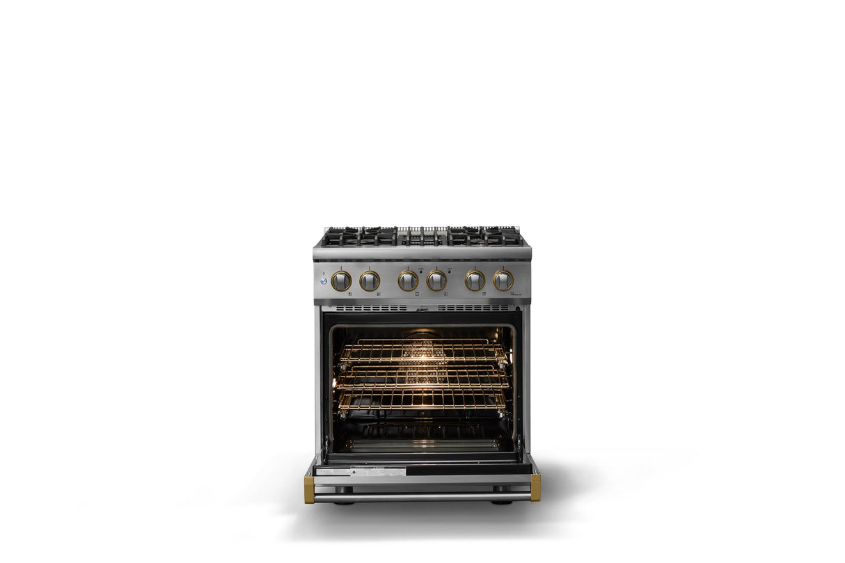 30"W. Dual Fuel Range (Finish: Stainless Steel, Trim: Polished Chrome, Fuel: Propane)