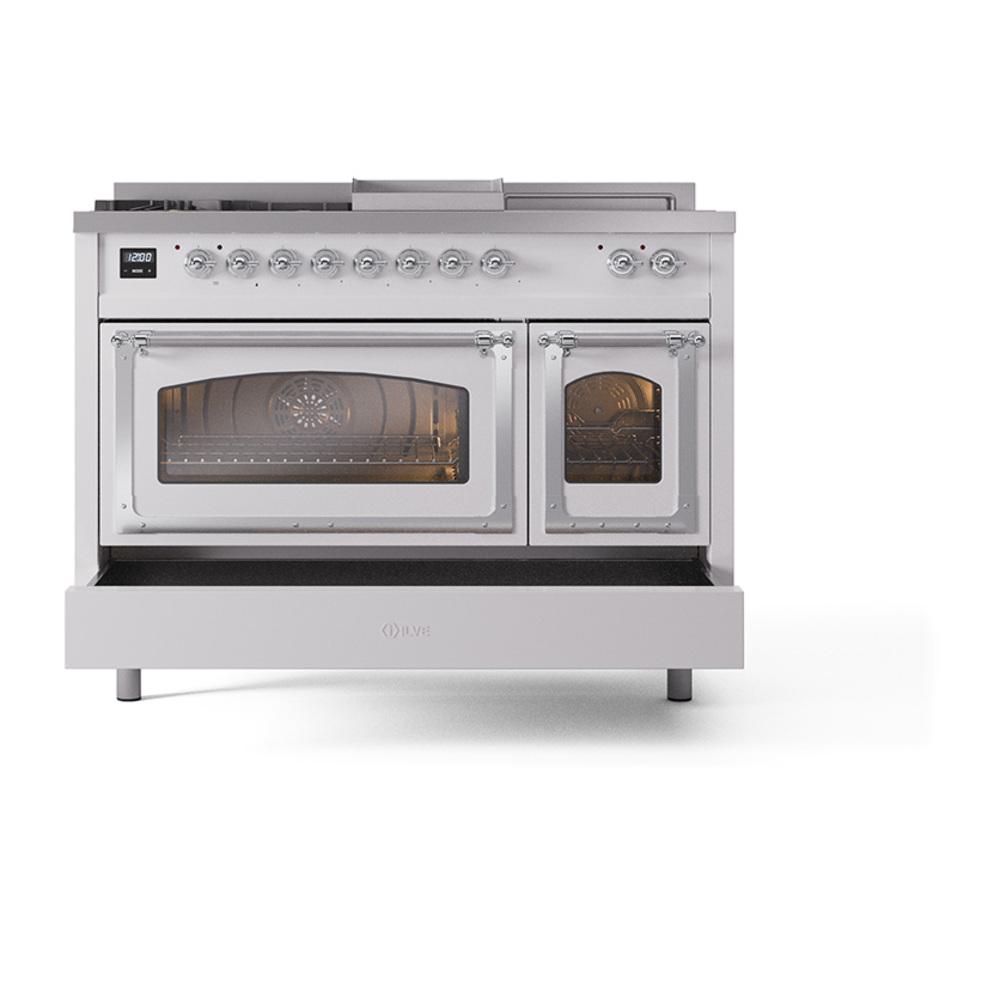 ILVE UN48FSNMPWHCLP Nostalgie II Noblesse 48 inch Dual Fuel Range (5 Sealed Burners + Griddle + French Top, Liquid Propane, Triple Glass Door, White, Chrome)