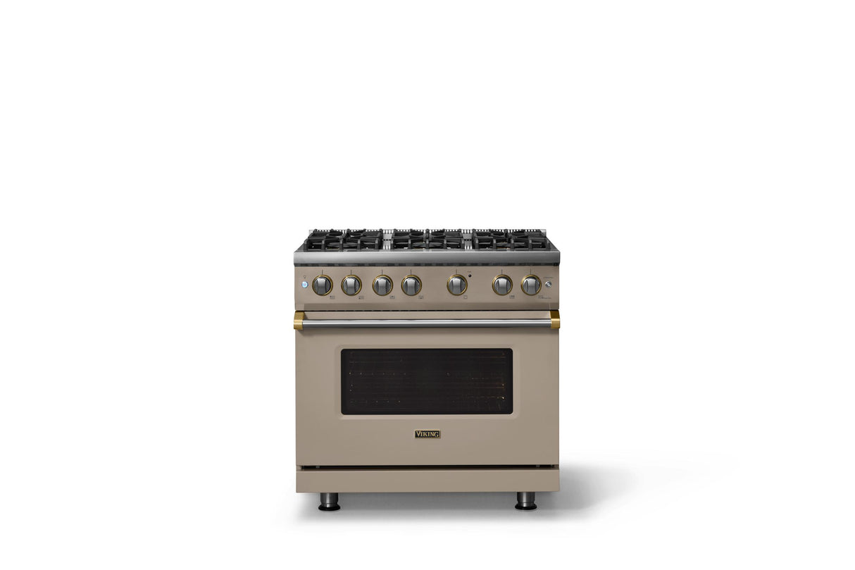 36"W. Sealed Burner Gas Range (Burner: 6b, Finish: Nantucket, Trim: Brushed Brass, Fuel: Natural Gas)