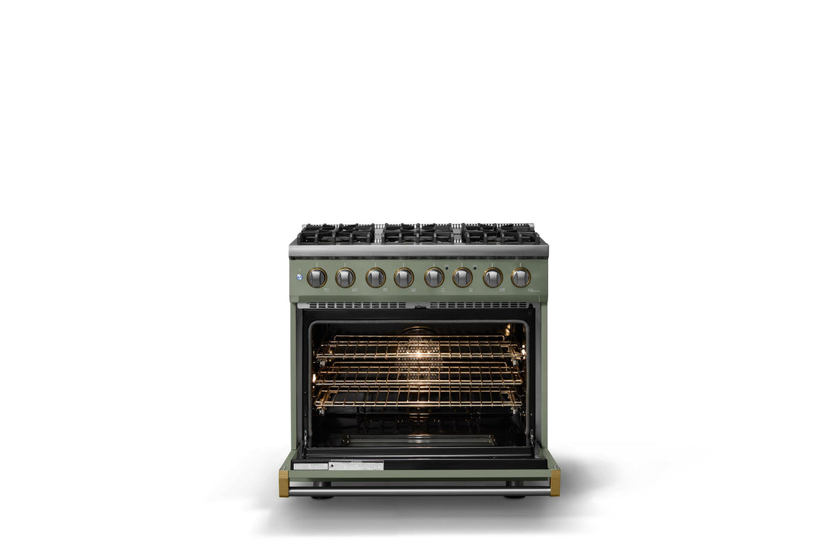 36"W. Dual Fuel Range (Burner: 6b, Finish: Eucalyptus, Trim: Brushed Brass, Fuel: Propane)