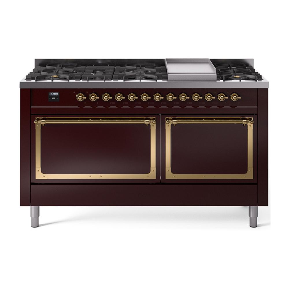 ILVE UN60FQNMPBUGLP Nostalgie II Noblesse 60 inch Dual Fuel Range (9 Sealed Burners + Griddle, Liquid Propane, Solid Door, Burgundy, Brass)