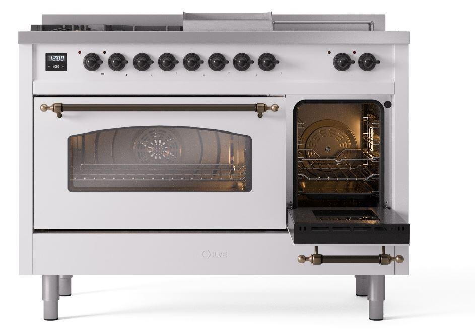 Nostalgie II 48 Inch Dual Fuel Natural Gas Freestanding Range in White with Bronze Trim