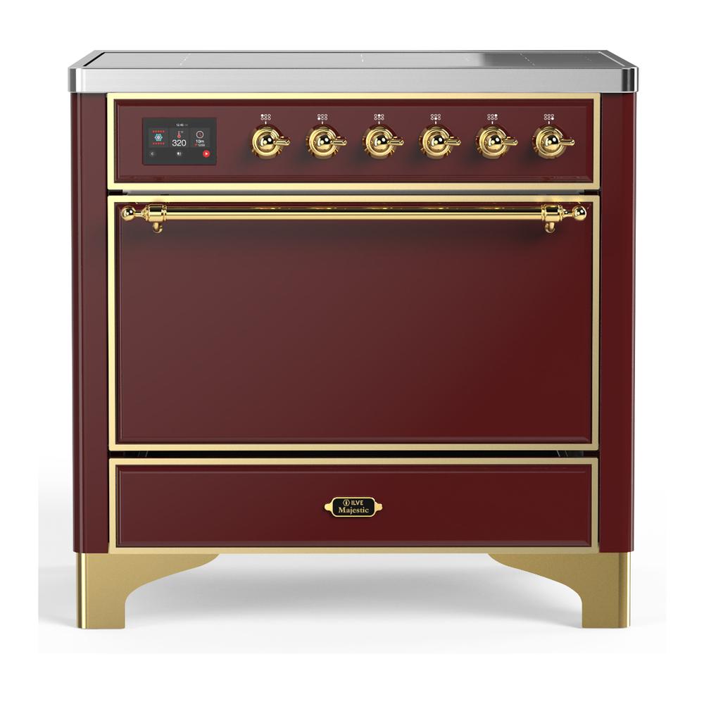 ILVE UMIB36QNR3BUG Majestic III 36 inch Induction Range with 6 Elements, 3.5 cu. ft. Total Oven Capacity (Solid Door, Burgundy, Brass)