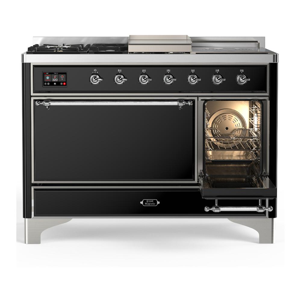 ILVE UM48FSQNR3BKCLP Majestic III 48 inch Dual Fuel Range with 5 Black Brass Burners, Griddle and French Top, Dual Function Burner up to 25,000 BTU (Liquid Propane, Solid Door, Glossy Black, Chrome)