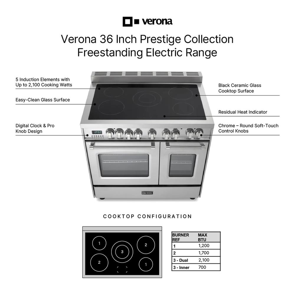 Verona VPFSEE365DSS 36 inch Prestige Series Freestanding Double Oven Electric Range with 5 Elements, 3.5 cu. ft. Total Oven Capacity, European Convection (Stainless Steel)