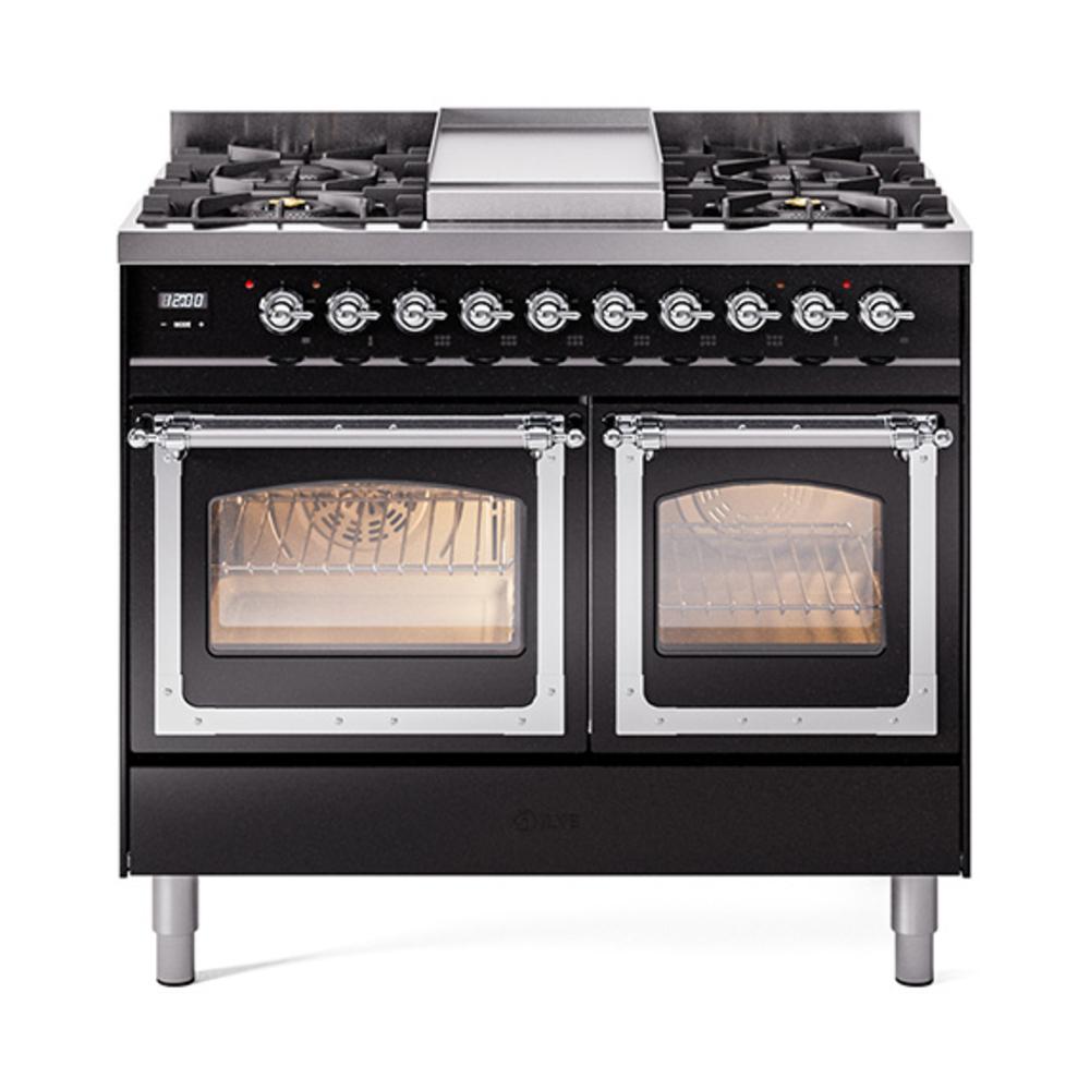 ILVE UND40FNMPBKCLP Nostalgie II Noblesse 40 inch Dual Fuel Range (Liquid Propane, Triple Glass Door, Glossy Black, Chrome)