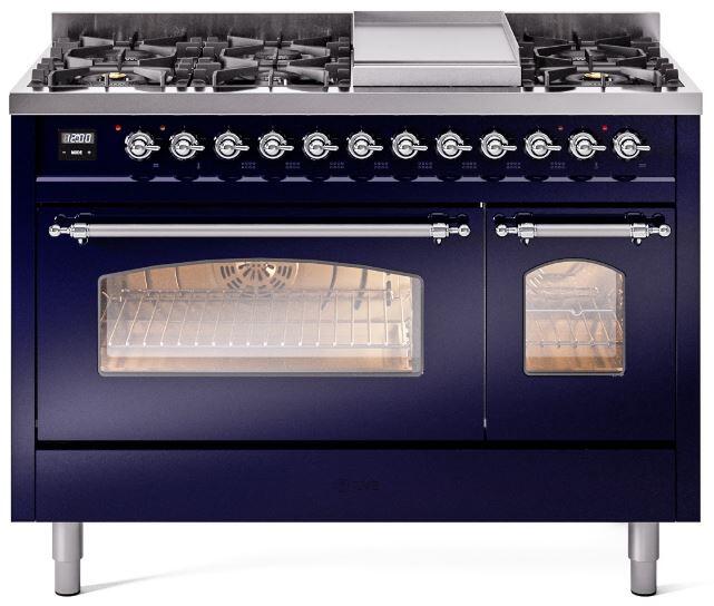 Nostalgie II 48 Inch Dual Fuel Natural Gas Freestanding Range in Blue with Chrome Trim