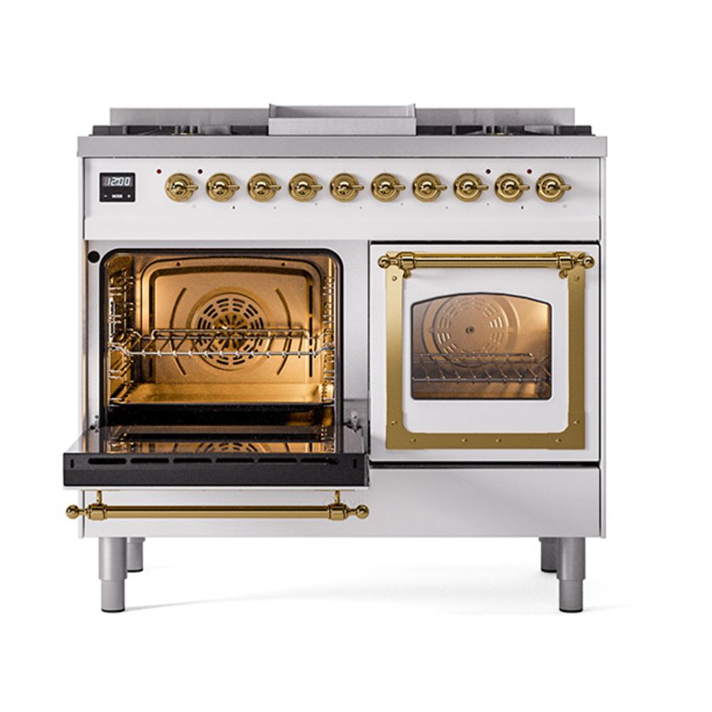 ILVE UND40FNMPWHGLP Nostalgie II Noblesse 40 inch Dual Fuel Range (Liquid Propane, Triple Glass Door, White, Brass)