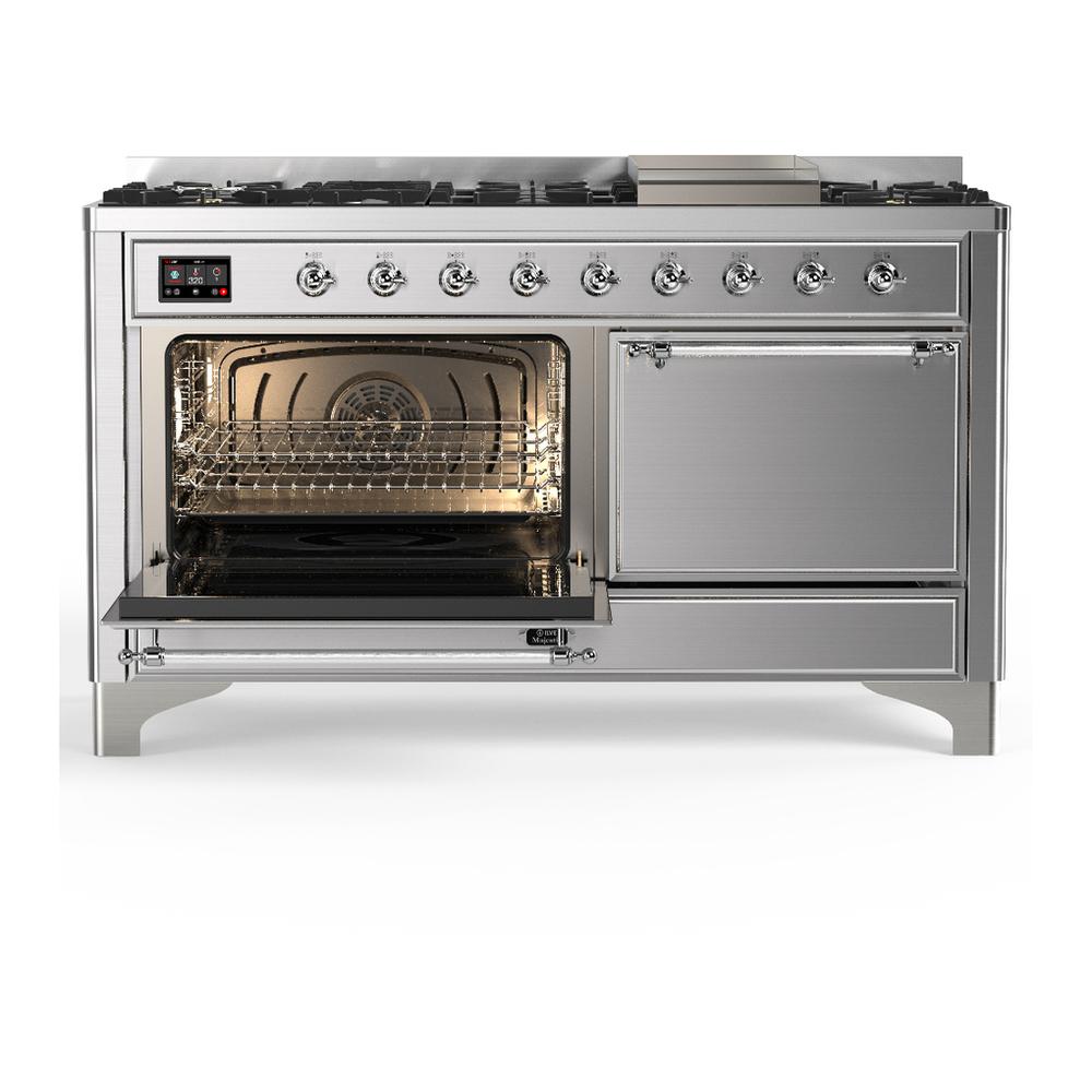 ILVE UM60FQNR3SSCLP Majestic III 60 inch Dual Fuel Range with 9 Burners and Griddle, Dual Function Burner up to 25,000 BTU (Liquid Propane, Solid Door, Stainless Steel, Chrome)