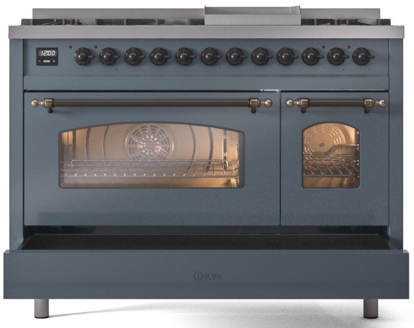 Nostalgie II 48 Inch Dual Fuel Liquid Propane Freestanding Range in Blue Grey with Bronze Trim
