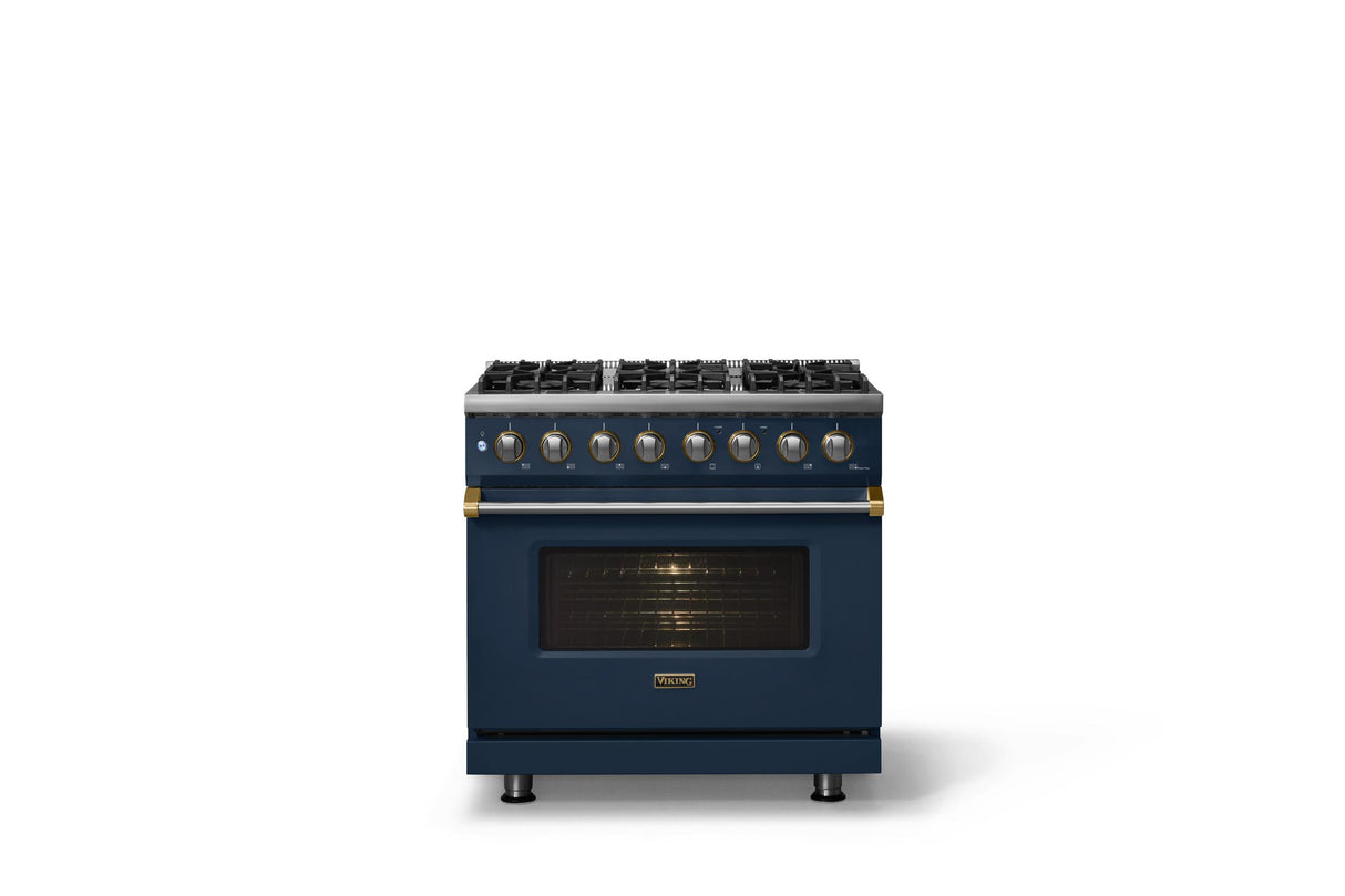 36"W. Dual Fuel Range (Burner: 6b, Finish: Slate Blue, Trim: Brushed Brass, Fuel: Propane)