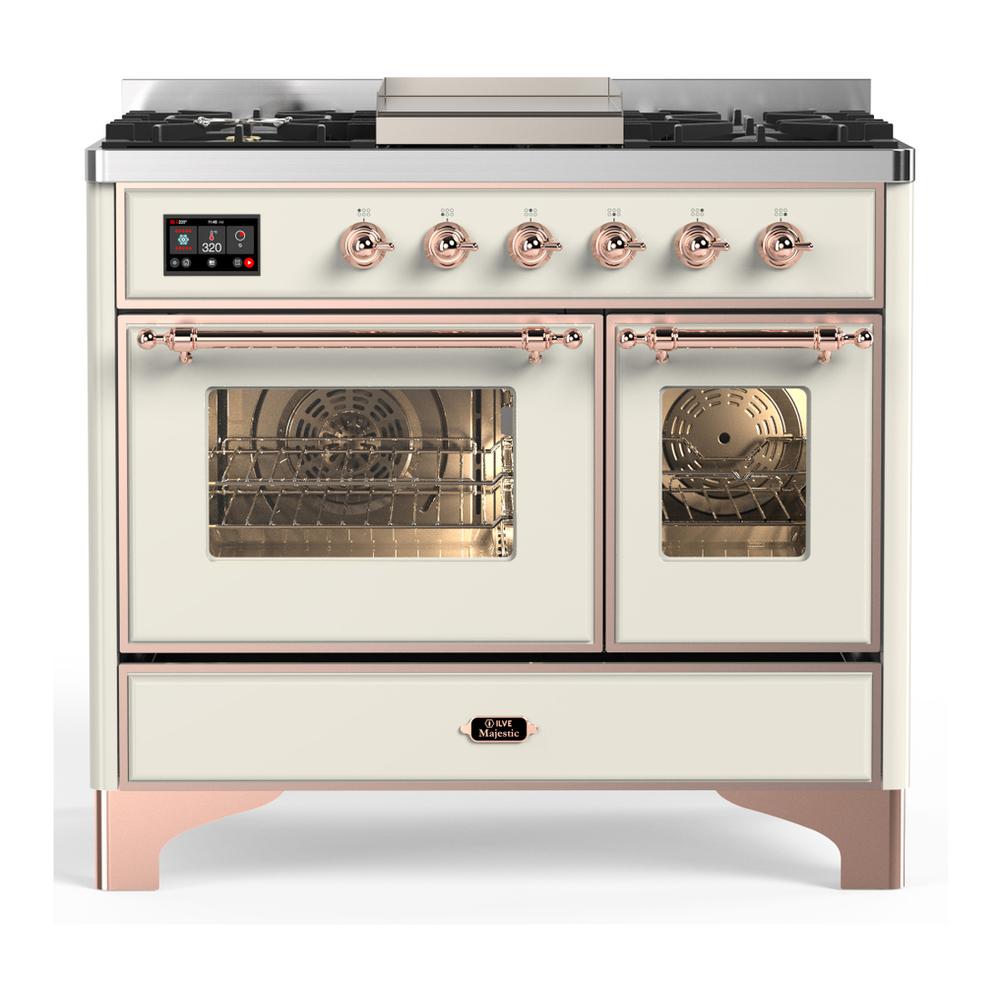 ILVE UMD40FNR3AWP Majestic III 40 inch Dual Fuel Range with 6 Burners and Griddle, Dual Function Burner up to 25,000 BTU (Natural Gas, Triple Glass Door, Antique White, Copper)