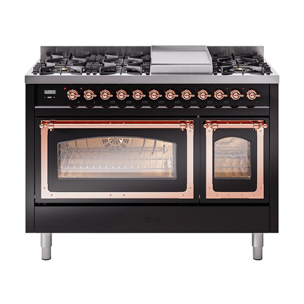 ILVE UN48FNMPBKP Nostalgie II Noblesse 48 inch Dual Fuel Range (8 Sealed Burners + Griddle, Natural Gas, Triple Glass Door, Glossy Black, Copper)