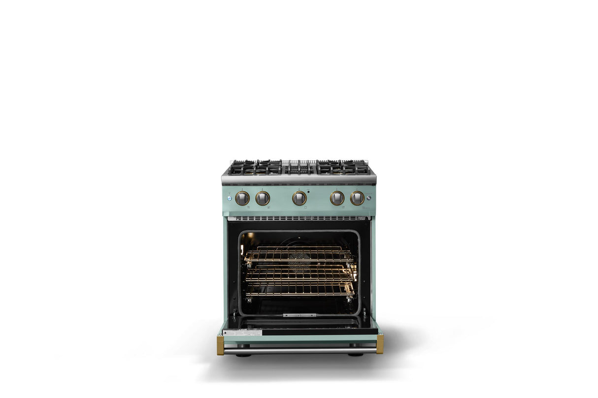 30"W. Sealed Burner Gas Range (Finish: Splash, Trim: Polished Chrome, Fuel: Propane)