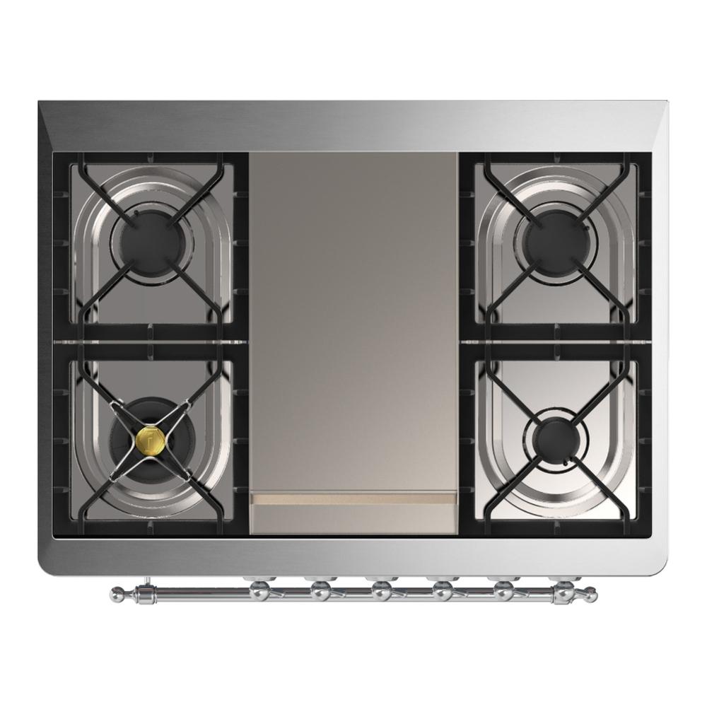 ILVE UM36FNR3MGCLP Majestic III 36 inch Dual Fuel Range with 6 Black Brass Burners and Griddle, Dual Function Burner up to 25,000 BTU (Triple Glass Door, Graphite Matte, Chrome, Liquid Propane)