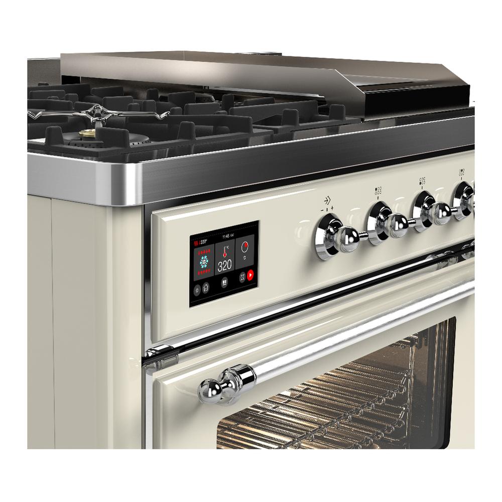 ILVE UM48FSNR3AWCLP Majestic III 48 inch Dual Fuel Range with 5 Black Brass Burners, Griddle and French Top, Dual Function Burner up to 25,000 BTU (Liquid Propane, Triple Glass Door, Antique White, Chrome)