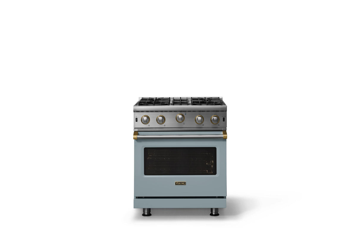 30"W. Open Burner Gas Range (Finish: November Sky, Trim: Brushed Brass, Fuel: Natural Gas)