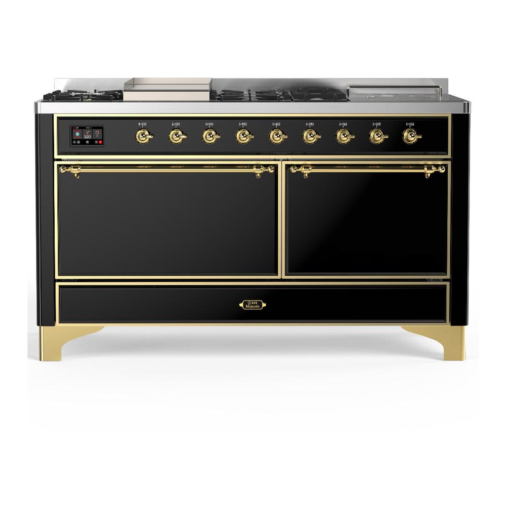 ILVE UM60FSQNR3BKG Majestic III 60 inch Dual Fuel Range with 7 Burners, Griddle and French Top, Dual Function Burner with up to 25,000 BTU (Natural Gas, Solid Door, Glossy Black, Brass)