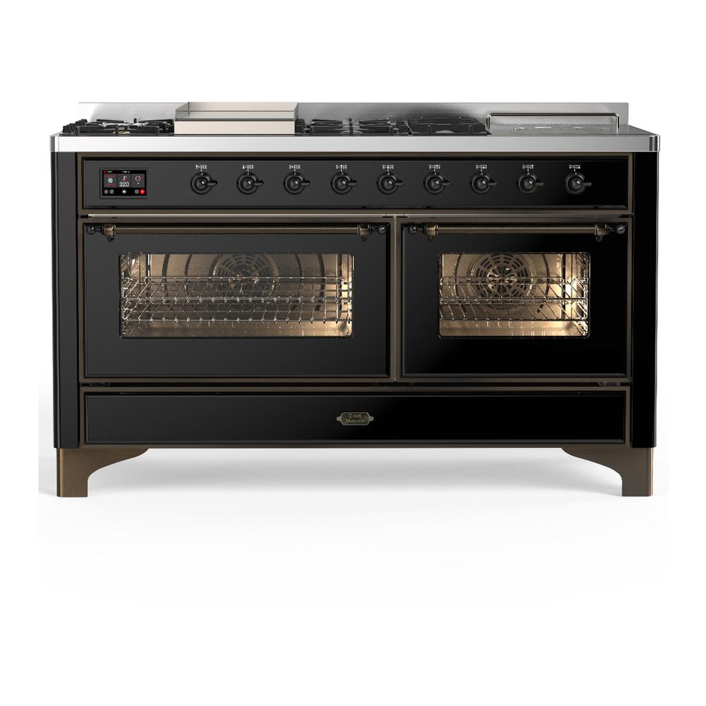 ILVE UM60FSNR3BKBLP Majestic III 60 inch Dual Fuel Range with 7 Burners, Griddle and French Top, Dual Function Burner with up to 25,000 BTU (Liquid Propane, Triple Glass Door, Glossy Black, Burnished)