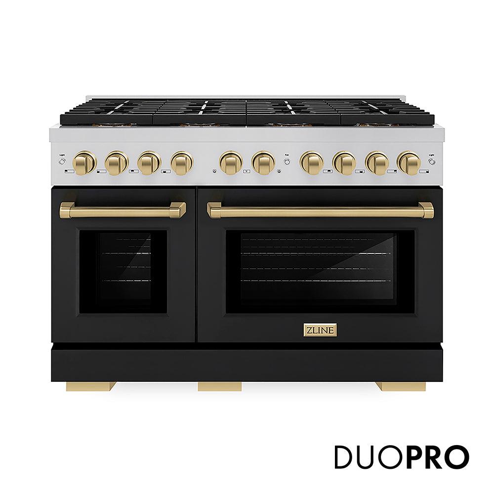 ZLINE Autograph Edition 48 in. 6.7 cu. ft. Paramount Gas Range with 8 Burner DuoPro? Cooktop and Dual Ovens with Black Matte Doors and Champagne Bronze Accents (PSGRZ-BLM-48-CB)