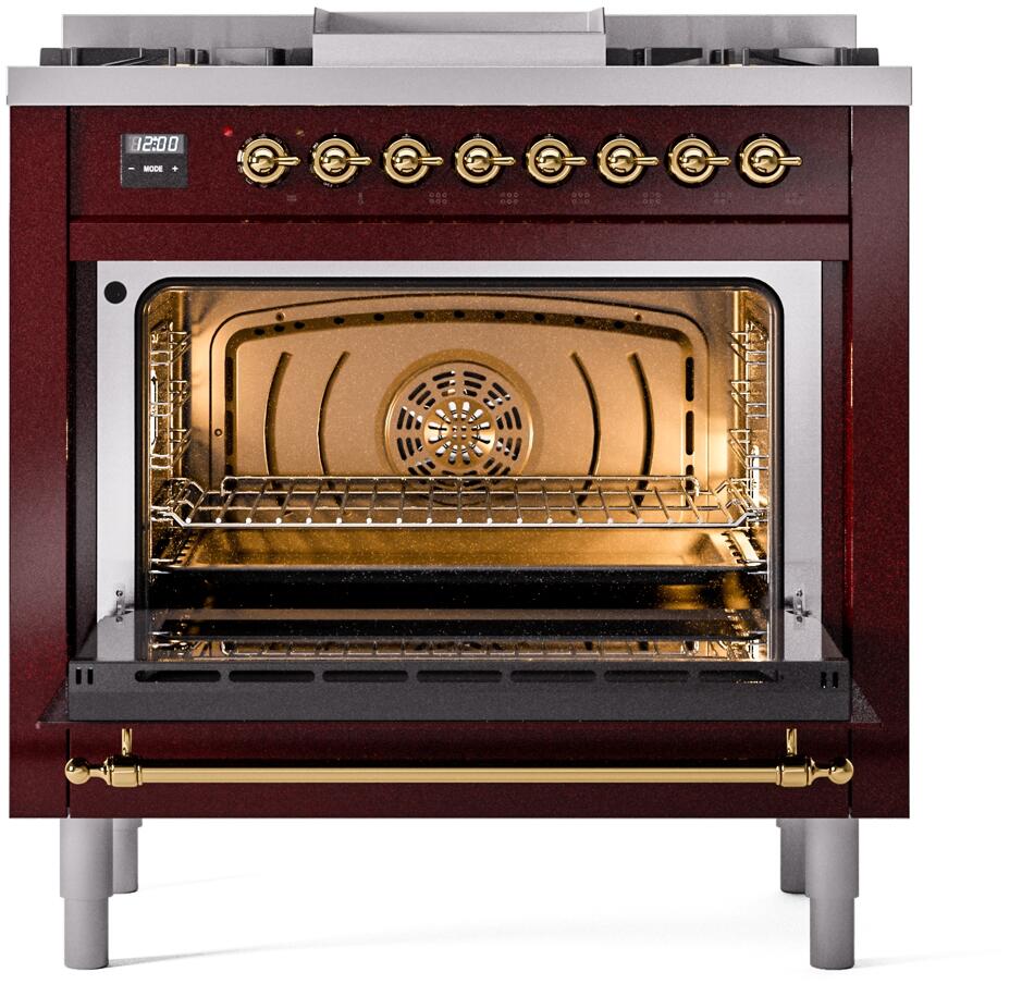 Nostalgie II 36 Inch Dual Fuel Natural Gas Freestanding Range in Burgundy with Brass Trim