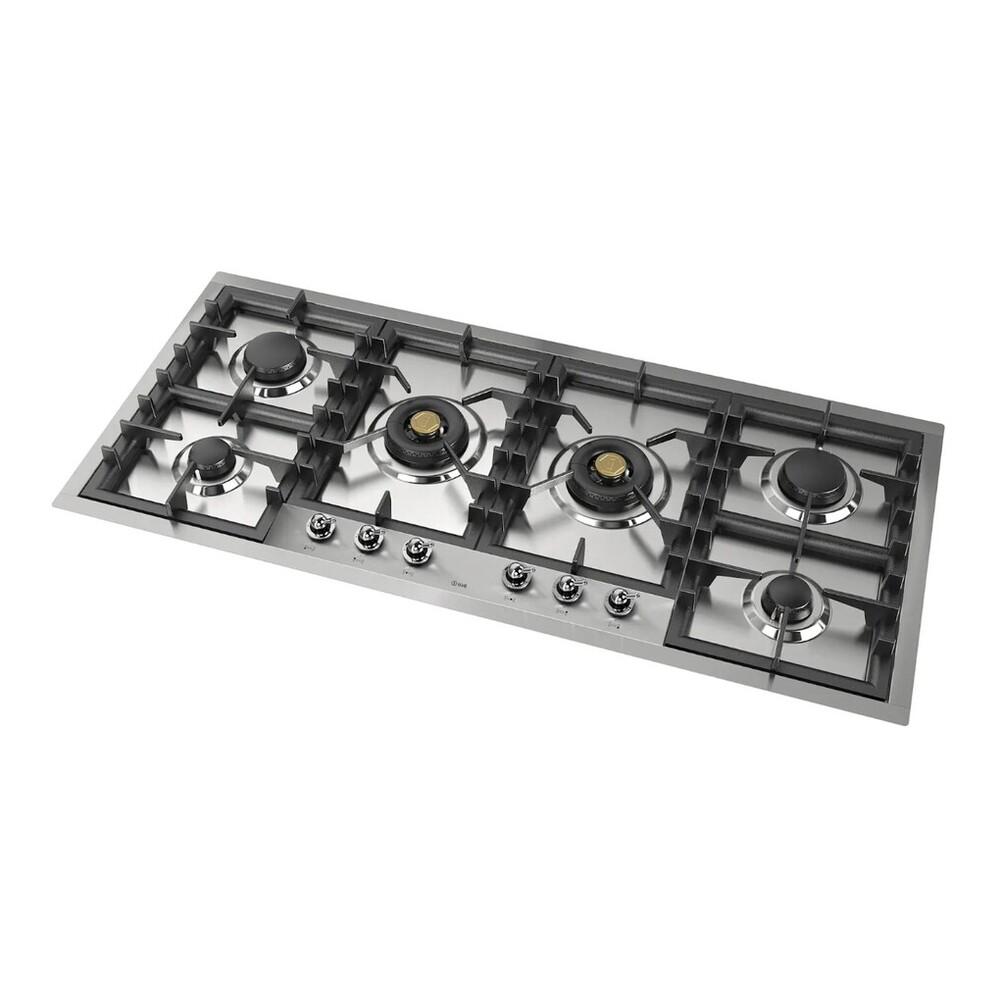 ILVE UHCPT125NSSCLP Nostalgie II 48 inch Built-In Gas Cooktop with Total Black Brass Burners, in Stainless Steel (6 Sealed Burners, Liquid Propane, Chrome)