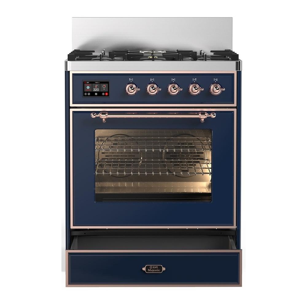 ILVE UM30NR3MBPLP Majestic III 30 inch Dual Fuel Range with 5 Black Brass Burners, Dual Function Burner up to 25,000 BTU (Liquid Propane, Triple Glass Door, Midnight Blue, Copper)