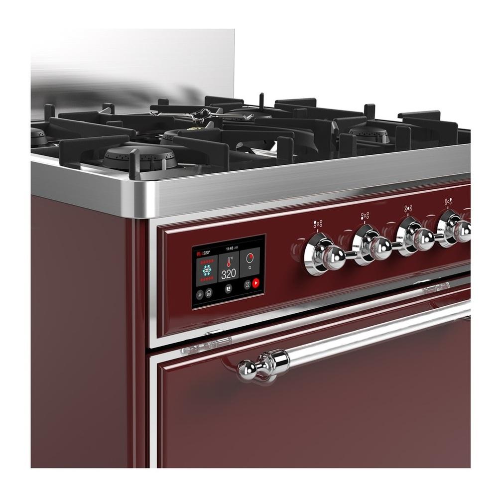 ILVE UM30QNR3BUC Majestic III 30 inch Dual Fuel Range with 5 Black Brass Burners, Dual Function Burner up to 25,000 BTU (Natural Gas, Solid Door, Burgundy, Chrome)