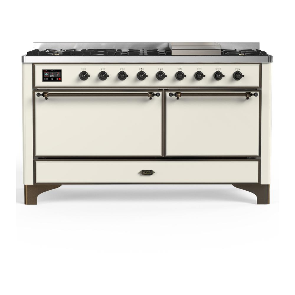 ILVE UM60FQNR3AWB Majestic III 60 inch Dual Fuel Range with 9 Burners and Griddle, Dual Function Burner up to 25,000 BTU (Natural Gas, Solid Door, Antique White, Burnished)