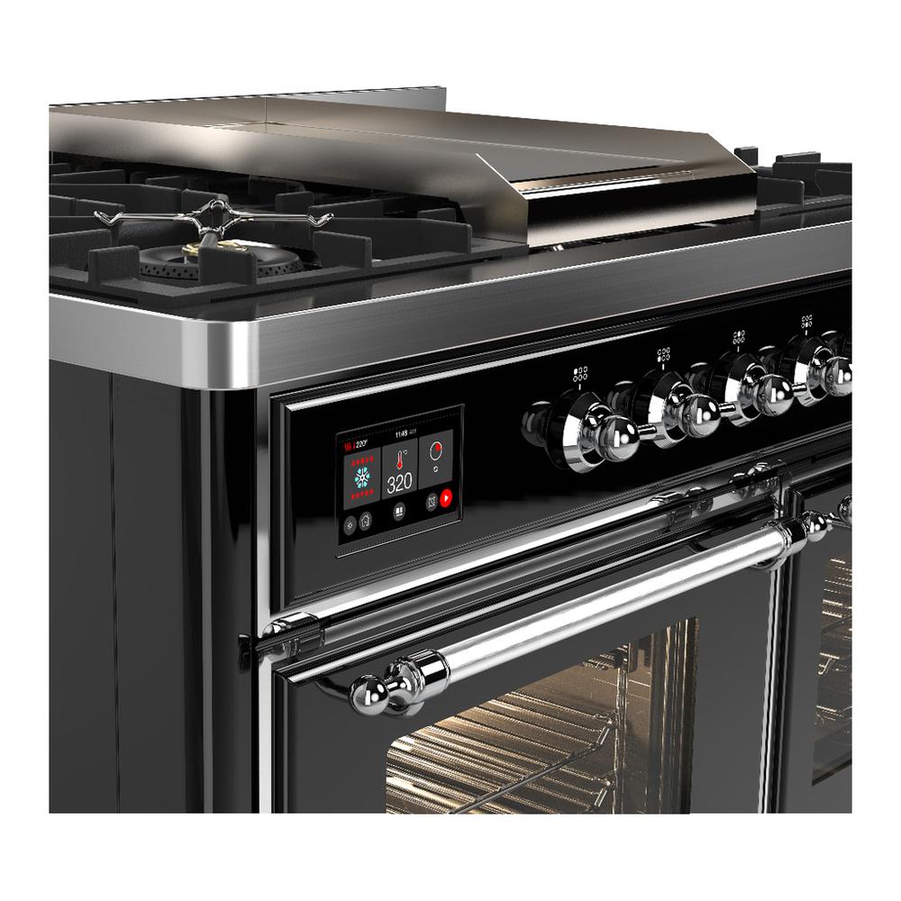 ILVE UMD40FNR3BKCLP Majestic III 40 inch Dual Fuel Range with 6 Burners and Griddle, Dual Function Burner up to 25,000 BTU (Liquid Propane, Triple Glass Door, Glossy Black, Chrome)